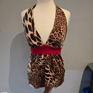 XXI Leopard Print Halter Top | Size Large | Brown & Red